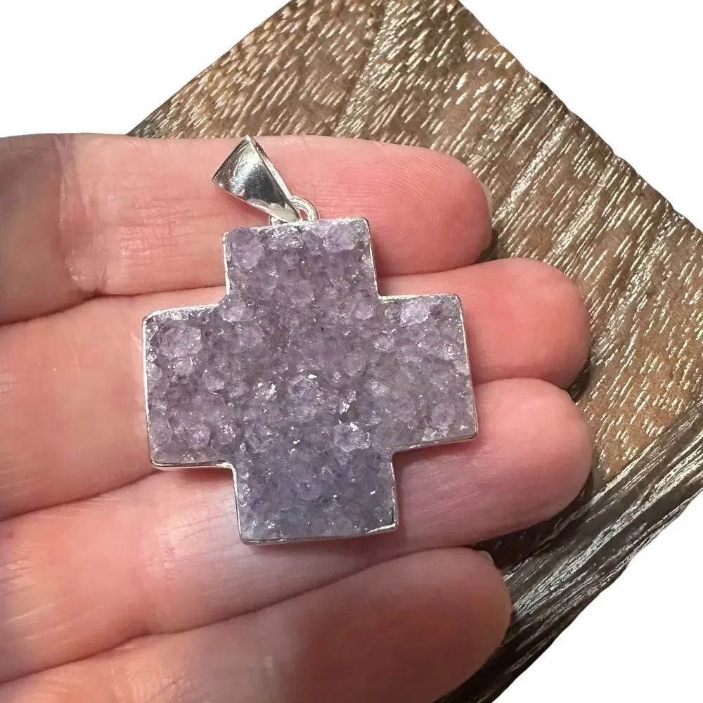 925 Sterling Silver Amethyst Druzy Cross Pendant